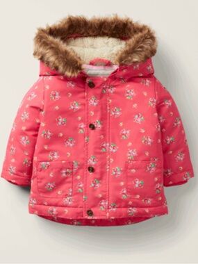 Mini Boden Girls' Pink Floral Puffer Coat with Faux-Fur Hood